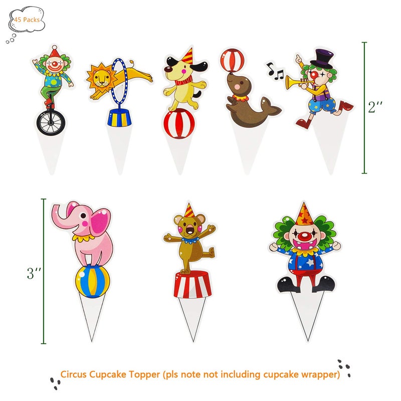 Joymee 48 Pieces Circus Animal Cupcake Topper for Carnival Themed Baby Shower Kids Birthday Party Favor Supplies Lion Bear Elephant Cake Decorations - Image 2